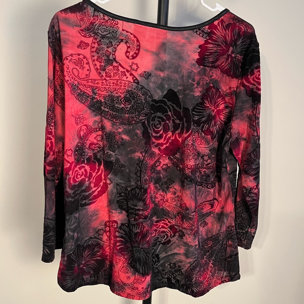 Sami & Jo Y2K Top Black Red Flocked Velvet Floral Scoop Neck Tie Dye Stretch XL - Picture 3 of 6